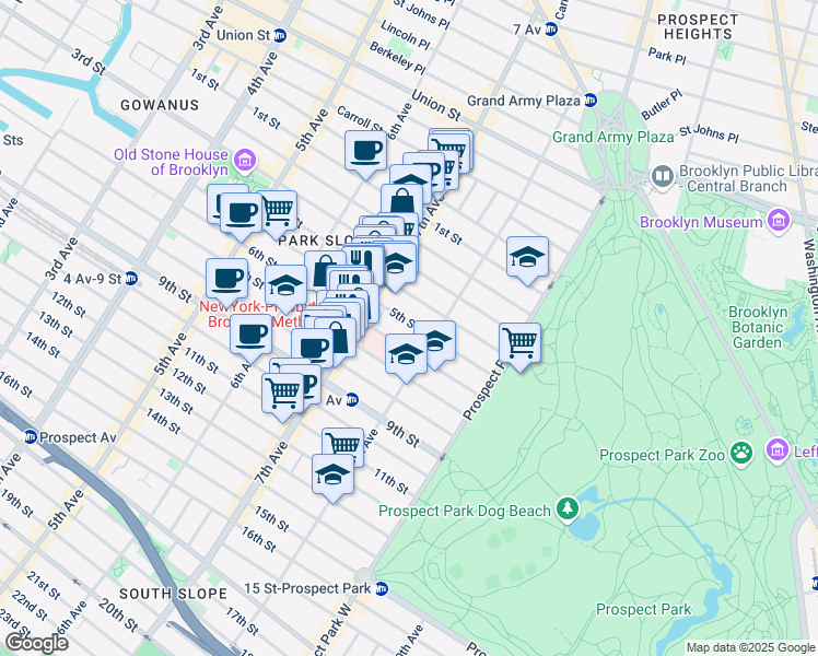map of restaurants, bars, coffee shops, grocery stores, and more near 521 6th Street in Brooklyn