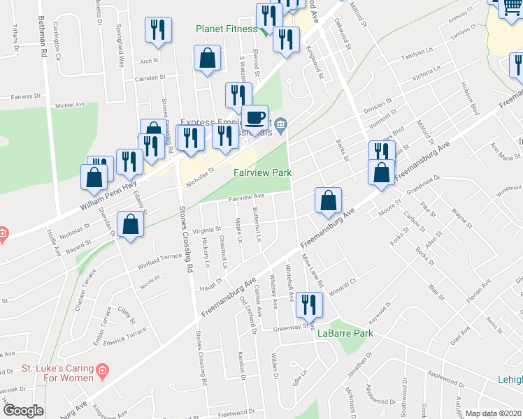 map of restaurants, bars, coffee shops, grocery stores, and more near 709 Butternut Lane in Easton