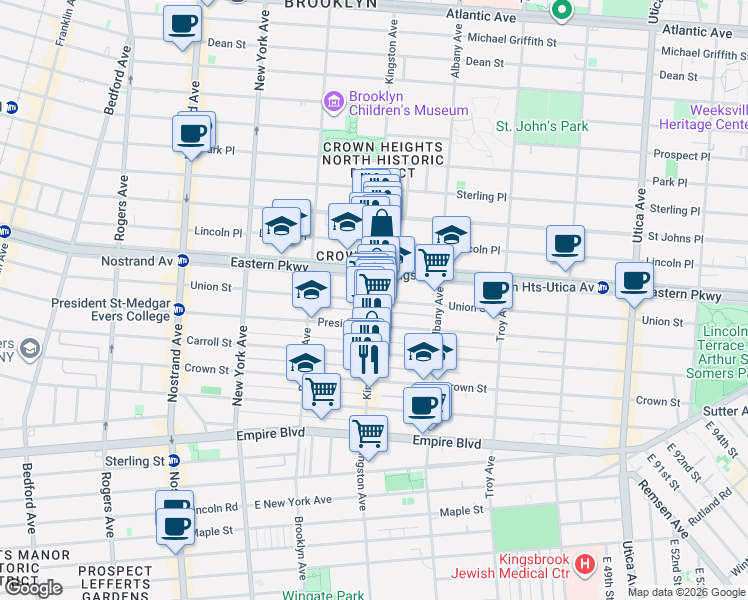 map of restaurants, bars, coffee shops, grocery stores, and more near Kingston Avenue in Brooklyn