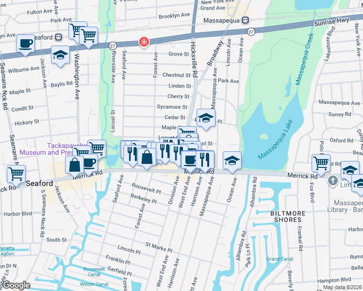 map of restaurants, bars, coffee shops, grocery stores, and more near 62 Elm Street in Massapequa