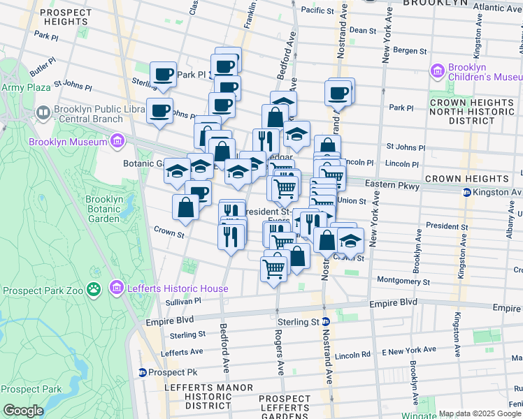 map of restaurants, bars, coffee shops, grocery stores, and more near 1089 President Street in Brooklyn