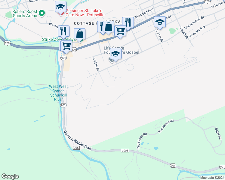 map of restaurants, bars, coffee shops, grocery stores, and more near 2413 Sharp Mountain Road in Pottsville
