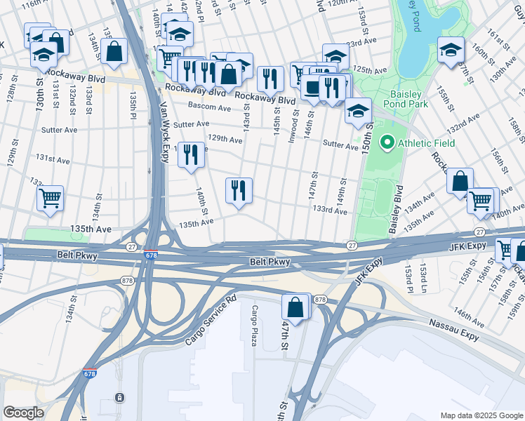 map of restaurants, bars, coffee shops, grocery stores, and more near 14402 135th Avenue in Queens
