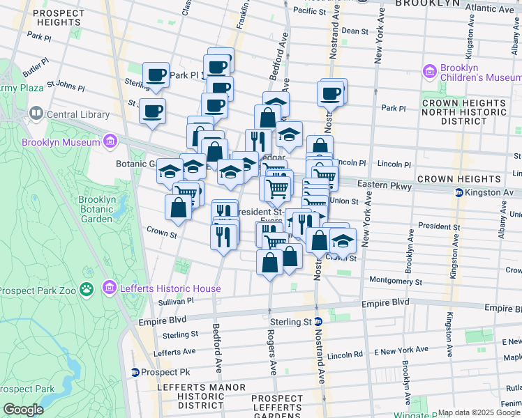 map of restaurants, bars, coffee shops, grocery stores, and more near 1101 President Street in Brooklyn