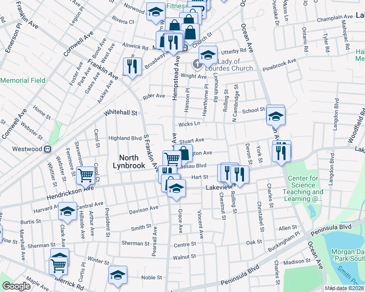 map of restaurants, bars, coffee shops, grocery stores, and more near 7 Lexington Avenue in Malverne
