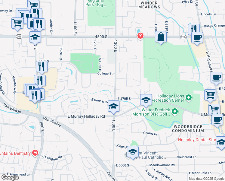 map of restaurants, bars, coffee shops, grocery stores, and more near 4689 Bonner Circle in Millcreek