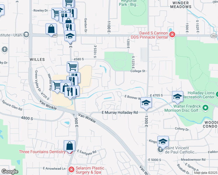 map of restaurants, bars, coffee shops, grocery stores, and more near 4557 Woodduck Lane in Salt Lake City