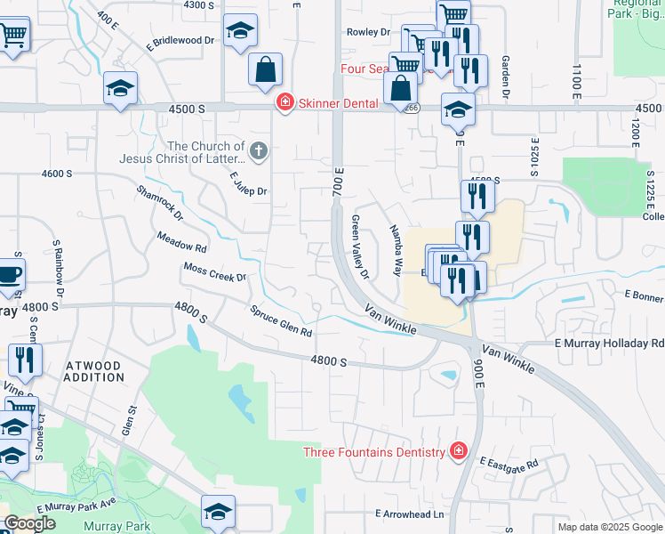 map of restaurants, bars, coffee shops, grocery stores, and more near 4736 South 700 East in Murray
