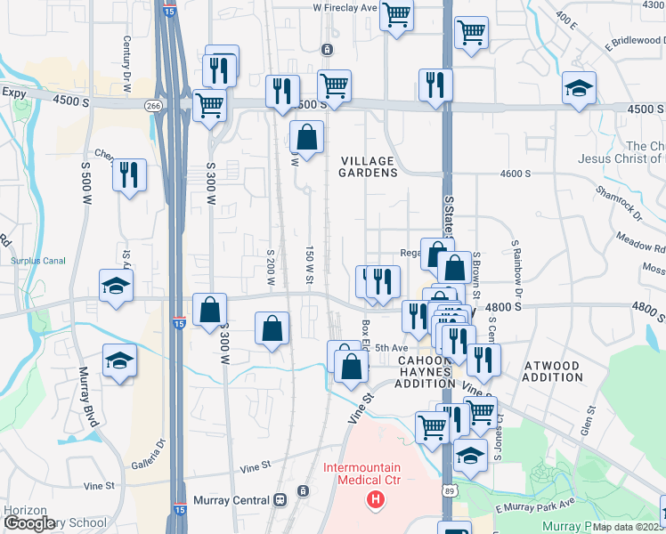 map of restaurants, bars, coffee shops, grocery stores, and more near 118 4800 South in Murray