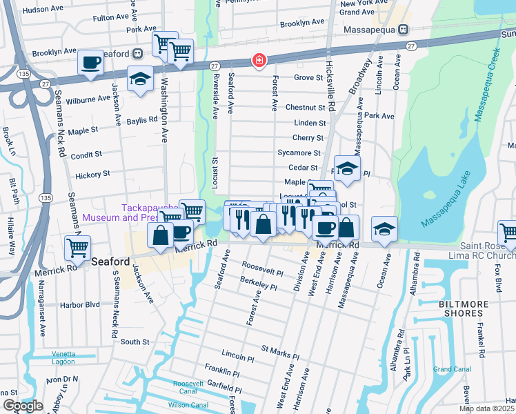 map of restaurants, bars, coffee shops, grocery stores, and more near 28 Elm Street in Massapequa