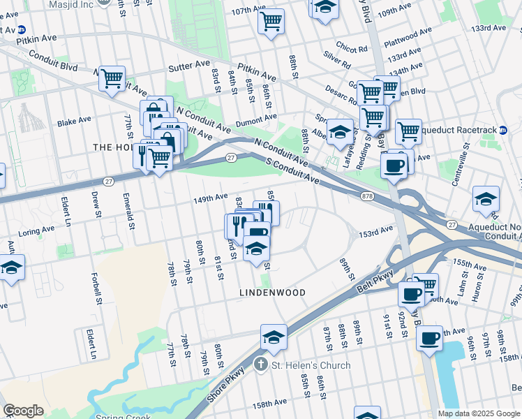 map of restaurants, bars, coffee shops, grocery stores, and more near 149-44 84th Street in Queens
