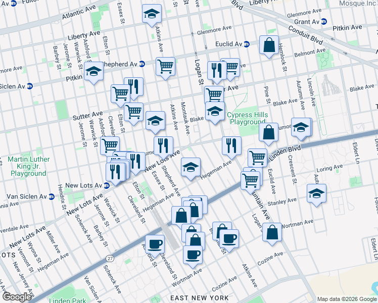 map of restaurants, bars, coffee shops, grocery stores, and more near 410 Montauk Avenue in Brooklyn