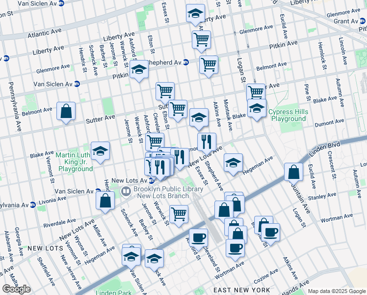 map of restaurants, bars, coffee shops, grocery stores, and more near 701 Linwood Street in Brooklyn