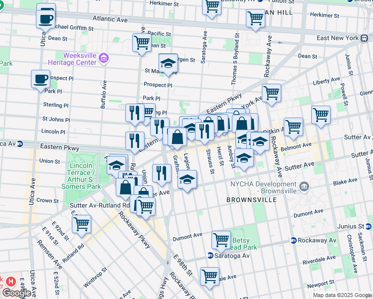 map of restaurants, bars, coffee shops, grocery stores, and more near 50 Legion Street in Brooklyn