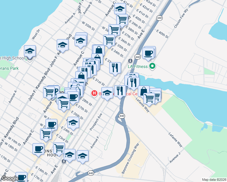 map of restaurants, bars, coffee shops, grocery stores, and more near 223 Prospect Avenue in Bayonne