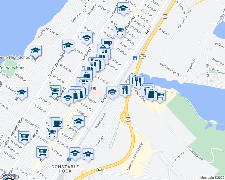 map of restaurants, bars, coffee shops, grocery stores, and more near 223 Prospect Avenue in Bayonne