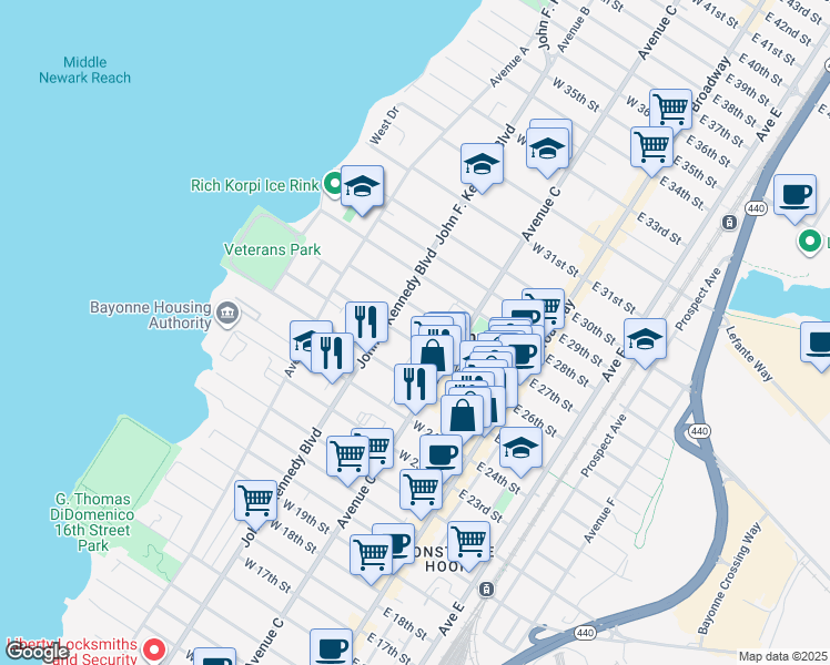 map of restaurants, bars, coffee shops, grocery stores, and more near 80 West 26th Street in Bayonne