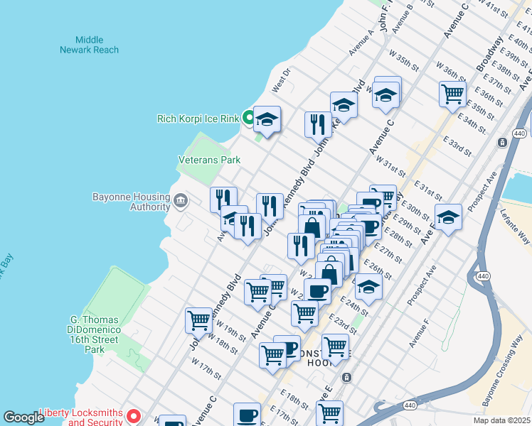 map of restaurants, bars, coffee shops, grocery stores, and more near 654 John F. Kennedy Boulevard in Bayonne