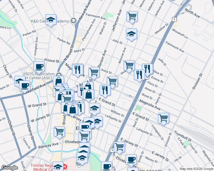 map of restaurants, bars, coffee shops, grocery stores, and more near 1080 Magnolia Avenue in Elizabeth