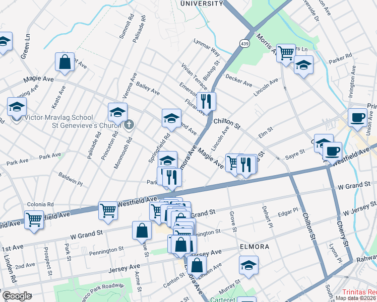 map of restaurants, bars, coffee shops, grocery stores, and more near 358 Elmora Avenue in Elizabeth