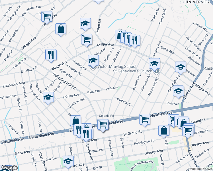 map of restaurants, bars, coffee shops, grocery stores, and more near 930 Park Avenue in Elizabeth