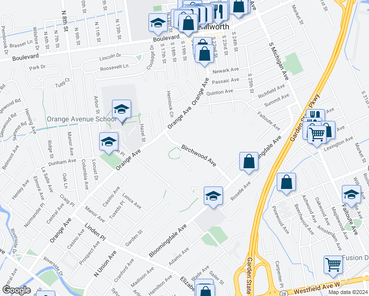 map of restaurants, bars, coffee shops, grocery stores, and more near 235 Birchwood Avenue in Cranford