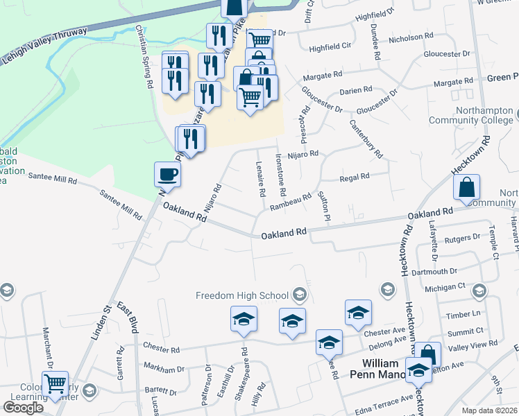 map of restaurants, bars, coffee shops, grocery stores, and more near 3016 Rambeau Road in Bethlehem