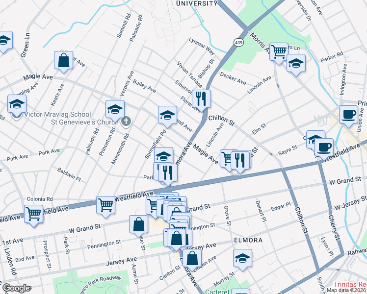 map of restaurants, bars, coffee shops, grocery stores, and more near 358 Elmora Avenue in Elizabeth