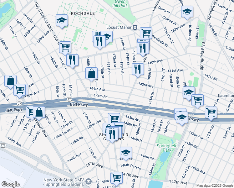 map of restaurants, bars, coffee shops, grocery stores, and more near 169-64 144th Road in Queens