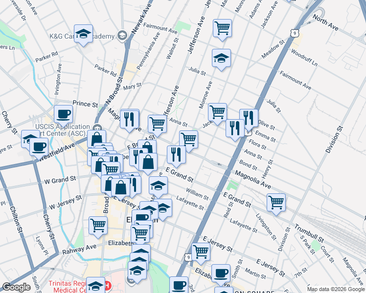 map of restaurants, bars, coffee shops, grocery stores, and more near 1080 Magnolia Avenue in Elizabeth