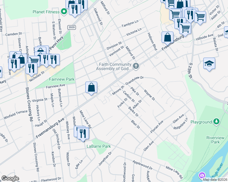 map of restaurants, bars, coffee shops, grocery stores, and more near 106 Berks Street in Easton