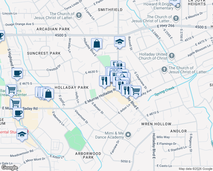map of restaurants, bars, coffee shops, grocery stores, and more near 2240 East Laney Avenue in Holladay