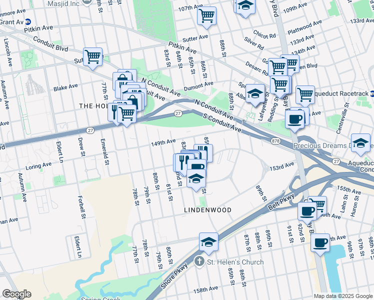 map of restaurants, bars, coffee shops, grocery stores, and more near 149-44 84th Street in Queens