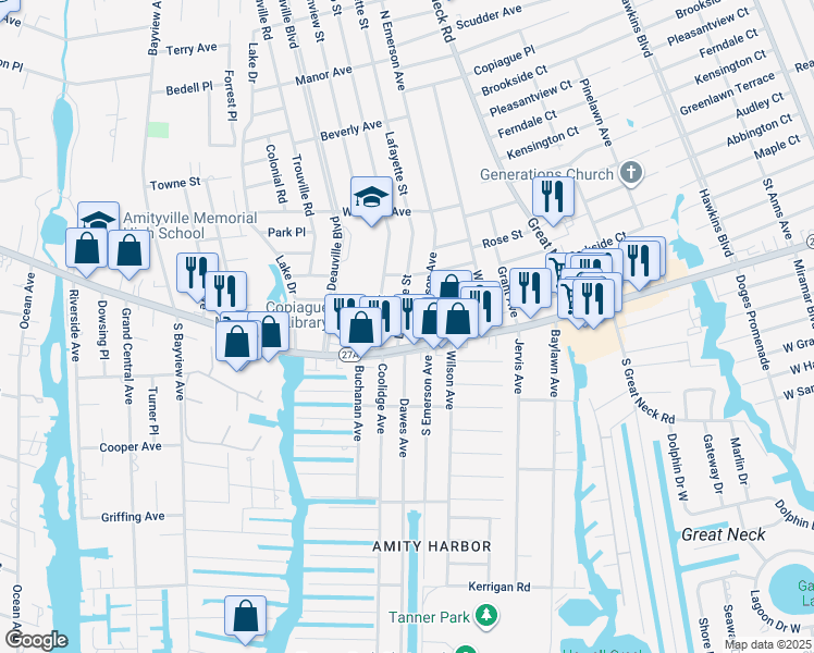 map of restaurants, bars, coffee shops, grocery stores, and more near 585 Montauk Highway in Copiague