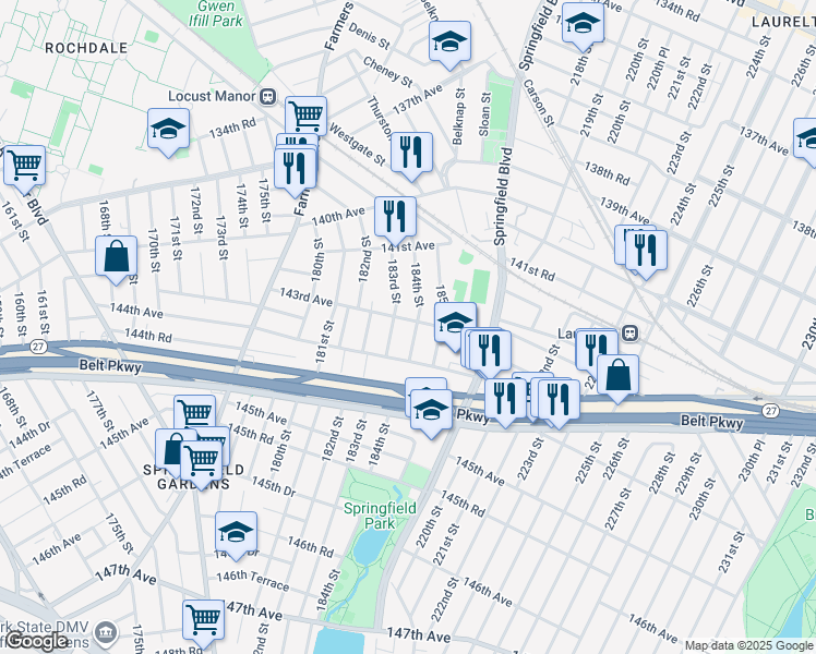 map of restaurants, bars, coffee shops, grocery stores, and more near 143-19 184th Street in Queens