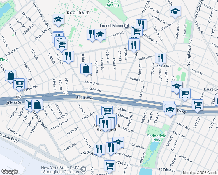 map of restaurants, bars, coffee shops, grocery stores, and more near 169-64 144th Road in Queens