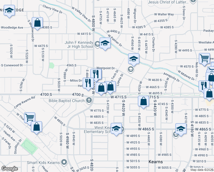 map of restaurants, bars, coffee shops, grocery stores, and more near 4683 West Arlington Park Drive in West Valley City