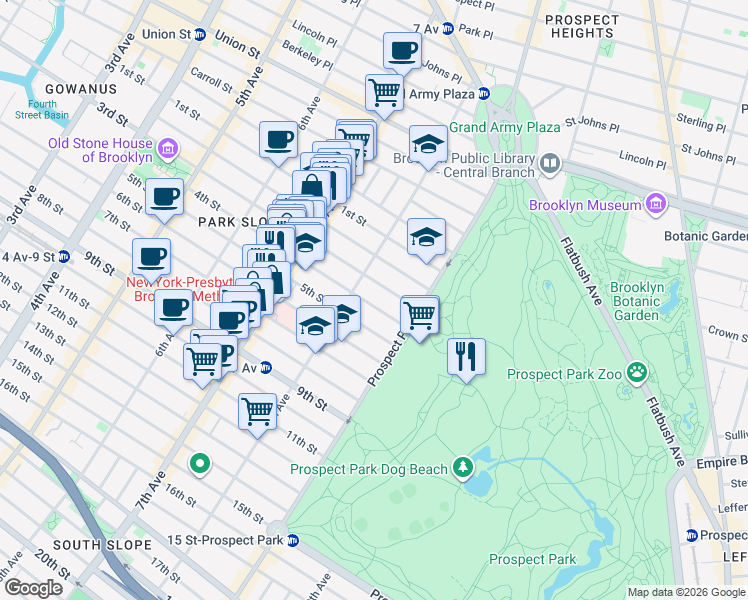 map of restaurants, bars, coffee shops, grocery stores, and more near 551 4th Street in Brooklyn
