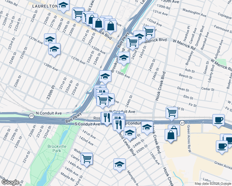 map of restaurants, bars, coffee shops, grocery stores, and more near 241-15 138th Avenue in Queens
