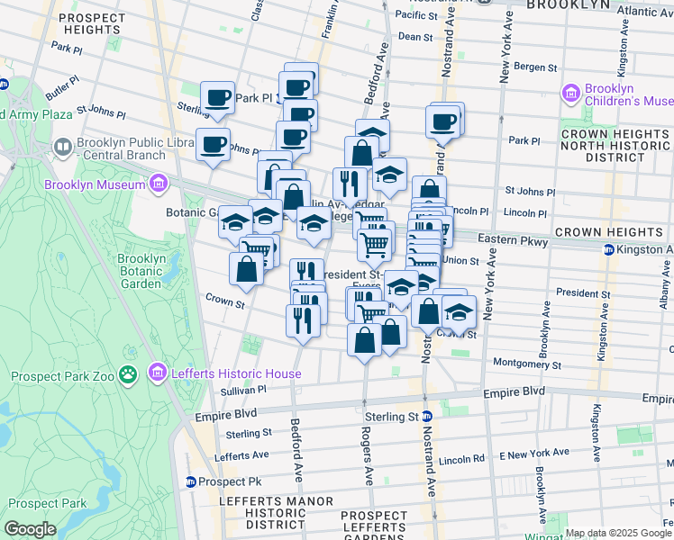 map of restaurants, bars, coffee shops, grocery stores, and more near 1077 President Street in Brooklyn