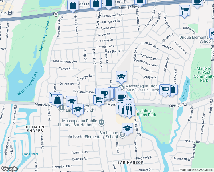 map of restaurants, bars, coffee shops, grocery stores, and more near 136 Reiss Avenue in Massapequa Park