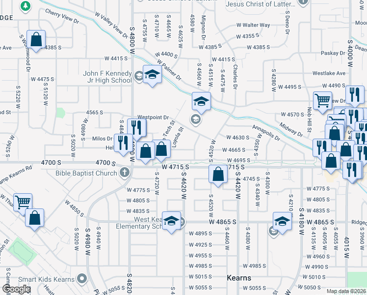 map of restaurants, bars, coffee shops, grocery stores, and more near 4686 Colgate Street in West Valley City