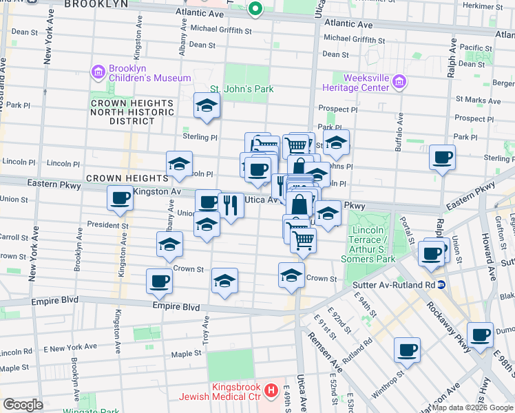 map of restaurants, bars, coffee shops, grocery stores, and more near 1040 Eastern Parkway in Brooklyn