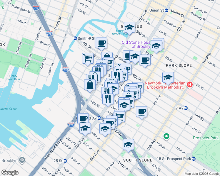 map of restaurants, bars, coffee shops, grocery stores, and more near 187 13th Street in Brooklyn
