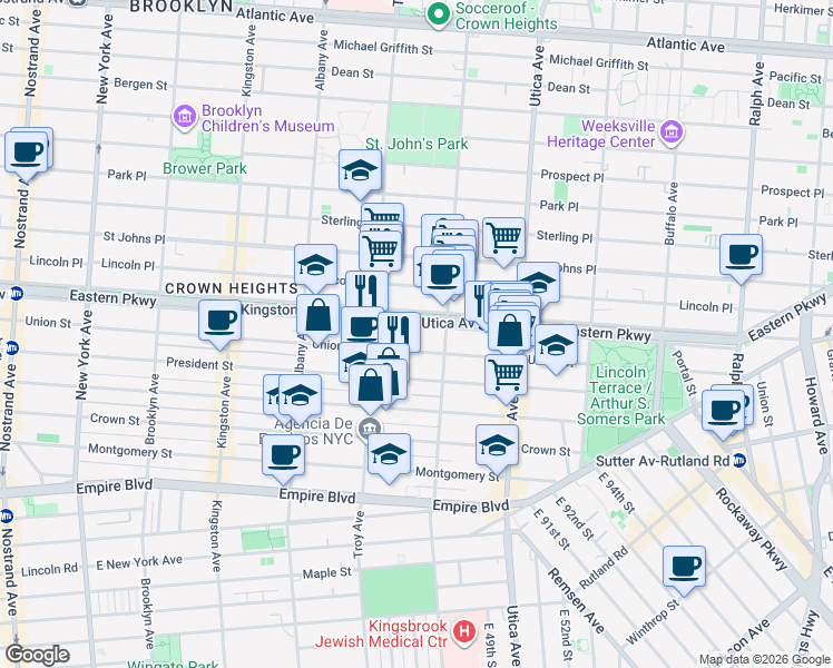 map of restaurants, bars, coffee shops, grocery stores, and more near 1010 Eastern Parkway in Brooklyn