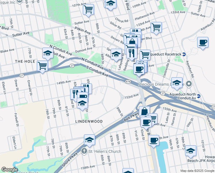 map of restaurants, bars, coffee shops, grocery stores, and more near 151-31 88th Street in Queens