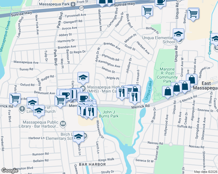 map of restaurants, bars, coffee shops, grocery stores, and more near 11 Harvard Street in Massapequa
