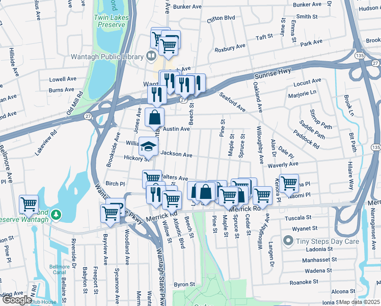 map of restaurants, bars, coffee shops, grocery stores, and more near 2140 Larch Street in Wantagh