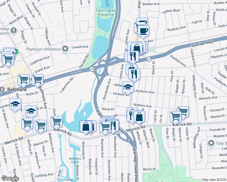 map of restaurants, bars, coffee shops, grocery stores, and more near 3162 Hickory Street in Wantagh