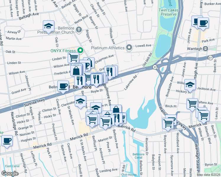 map of restaurants, bars, coffee shops, grocery stores, and more near 2296 Eastern Avenue in Bellmore